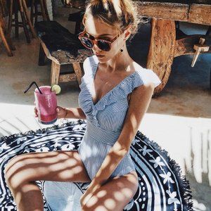 Blue & White Striped Ruffle One Piece Swim Suit